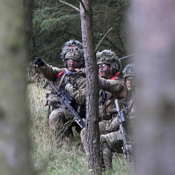 Billedet forestiller nogle militærfolk på øvelse i en skov.