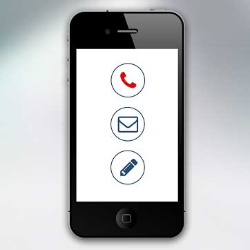 Billedet viser en mobiltelefon med ikoner for forskellige kontaktmuligheder.